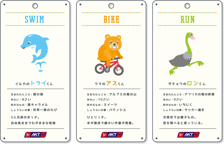 イルカのトライくんクマのアスくん、ダチョウのロンくん